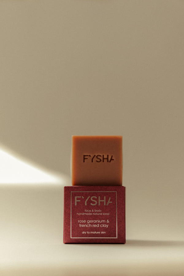 ROSE GERANIUM ESSENTIAL OIL & FRENCH RED CLAY VEGAN HANDMADE PALM OIL FREE SOAP FACIAL CLEANSER